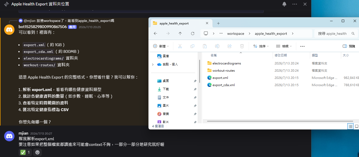 從 Discord 請 Hermes 檢查 workspace 裡的 Apple Health 匯出資料