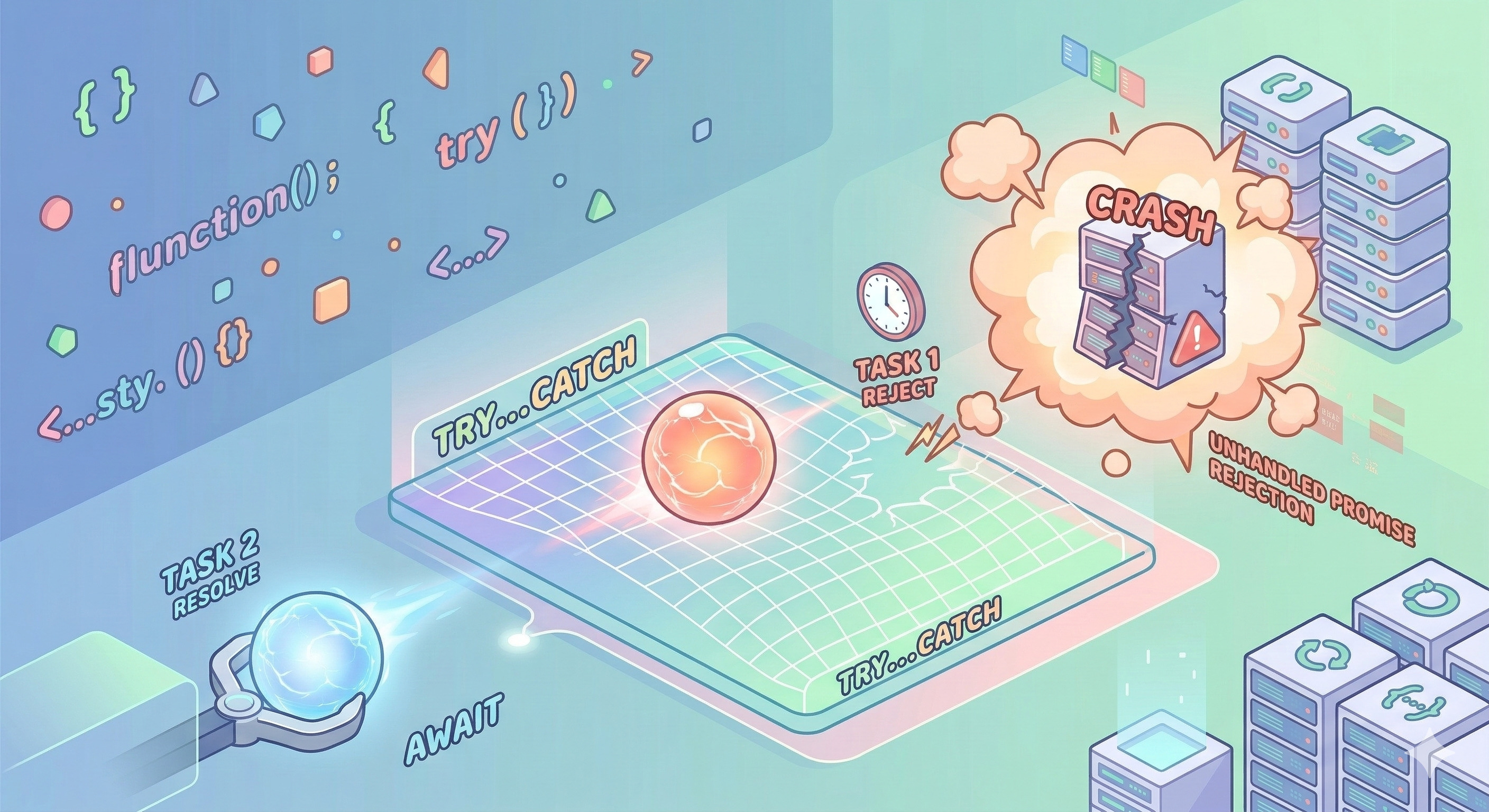 javascript中，一段被try...catch包覆，卻還會崩潰的程式